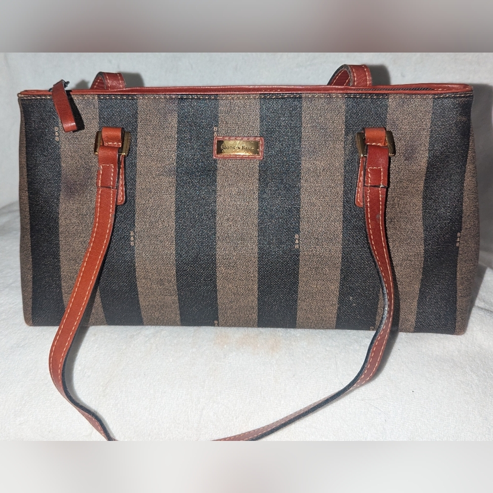 Boots N Bags Brown and Black Shoulder Bag with Striped Pattern and Leather Trim